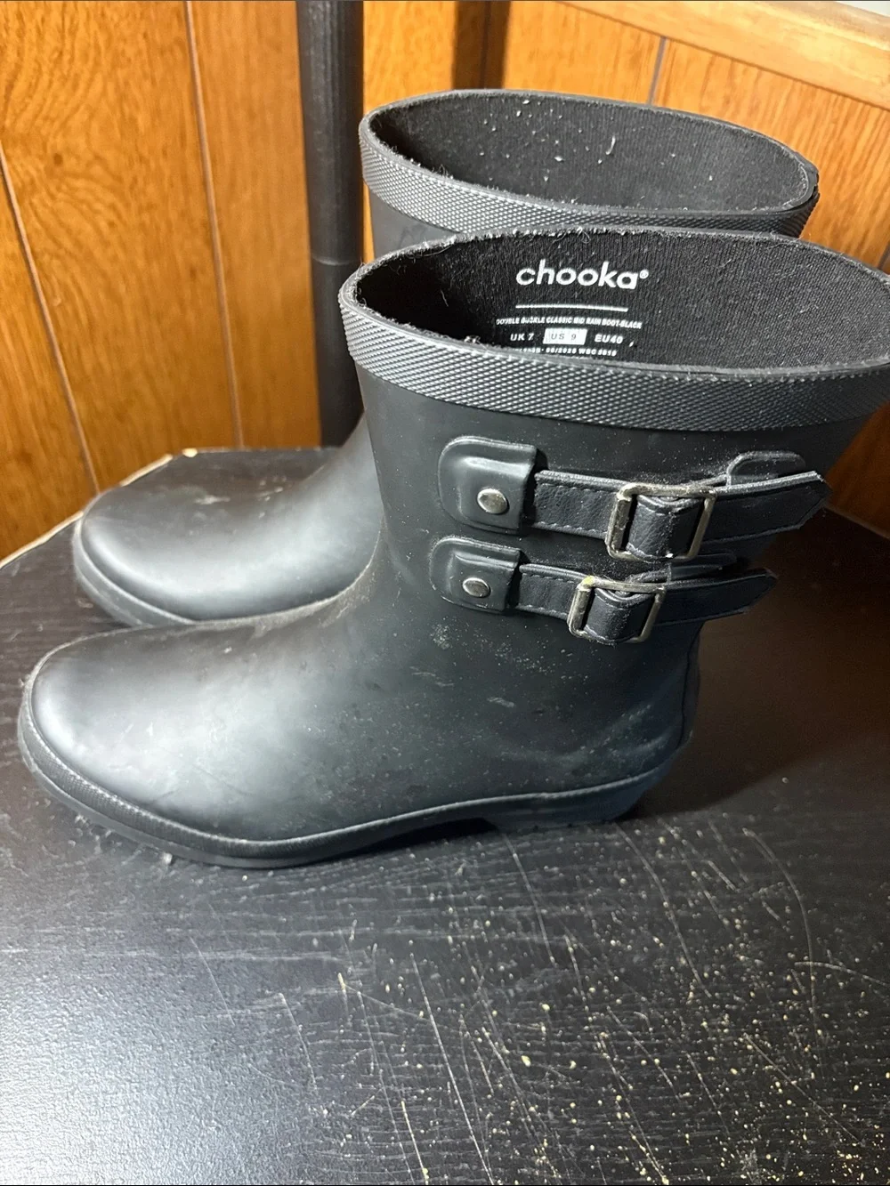 chooka Matte Black Short Rain Boots with Dual Buckles
